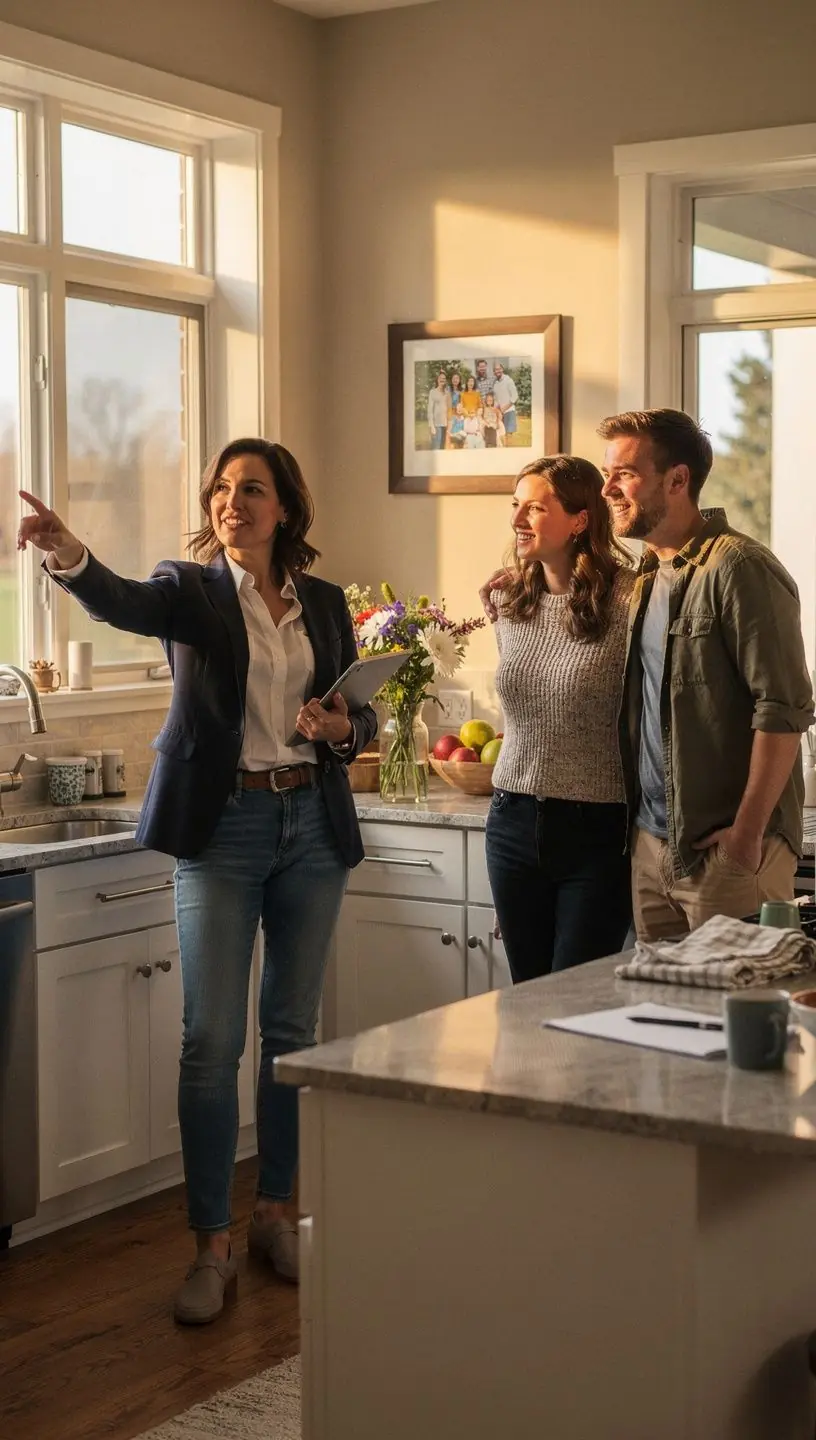 Widok na urokliwą dzielnicę z drzewami i zadbanymi budynkami mieszkalnymi.