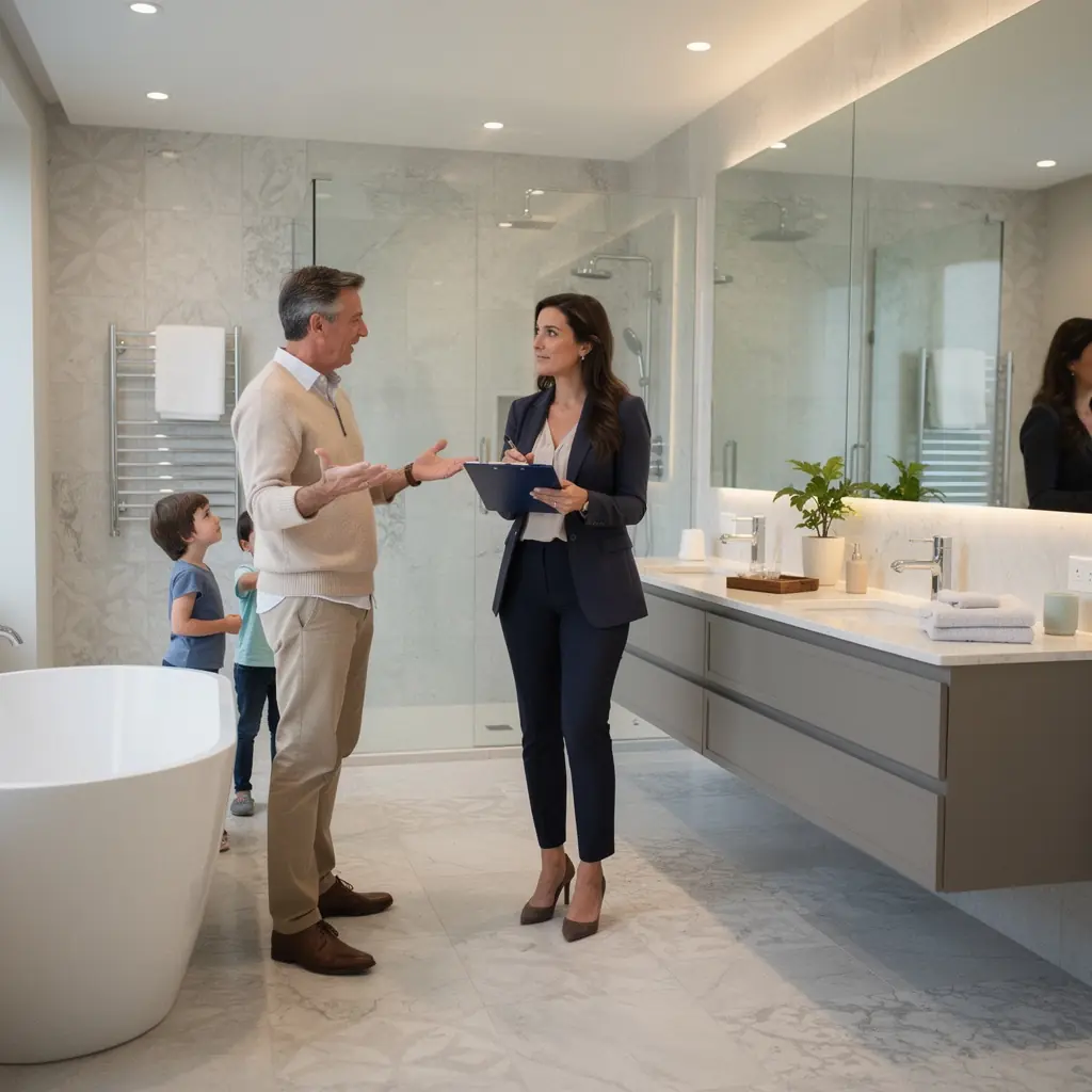 Rodzina przeglądająca oferty mieszkań na wynajem w przytulnym biurze.