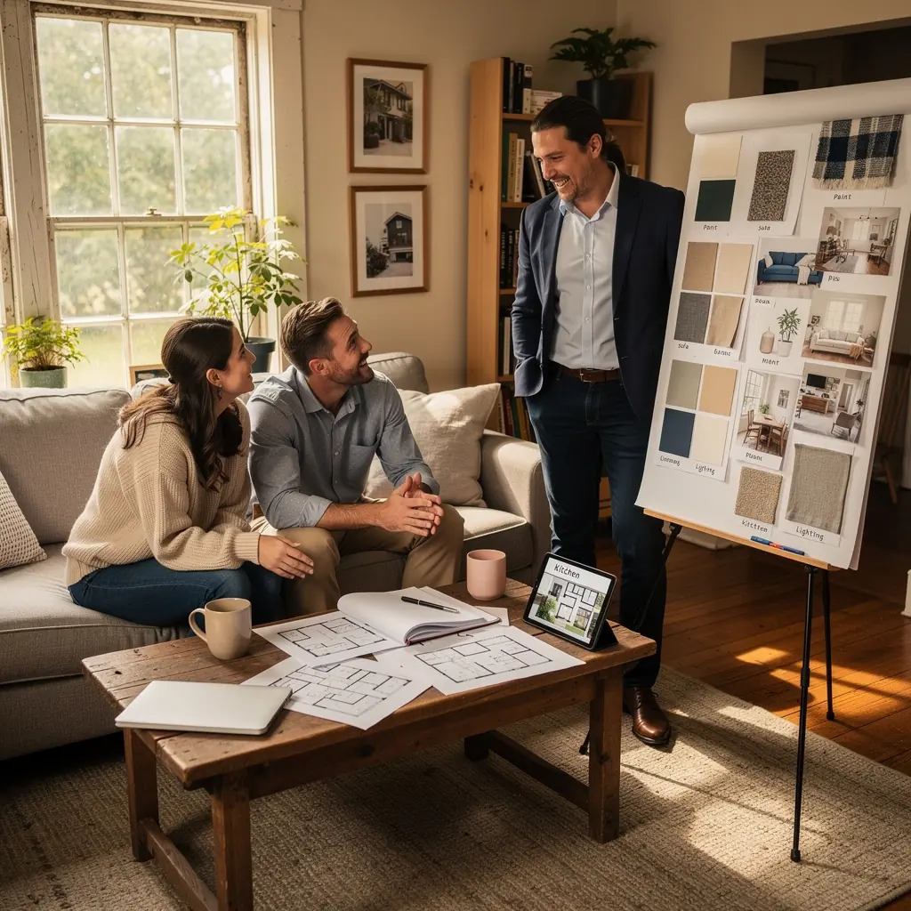 Widok na przytulny salon z dużymi oknami, który jest częścią wynajmowanego mieszkania.