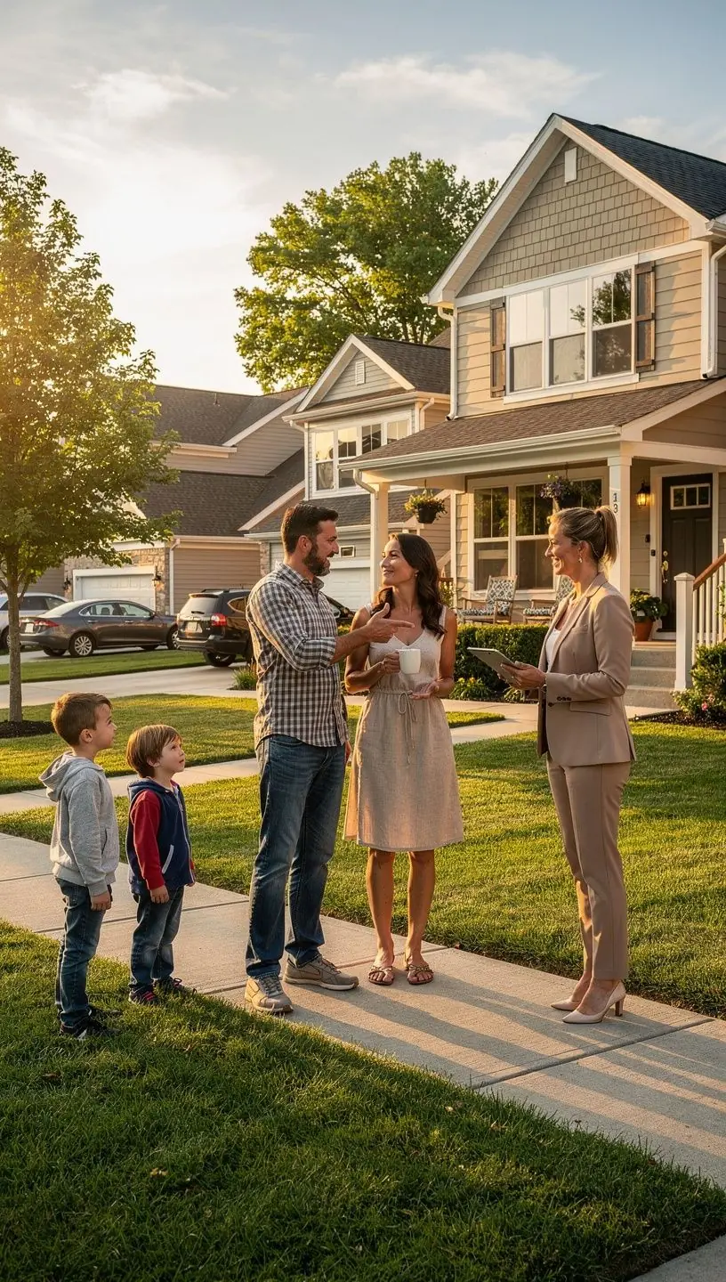 Widok na przytulny dom w amerykańskim osiedlu mieszkalnym.