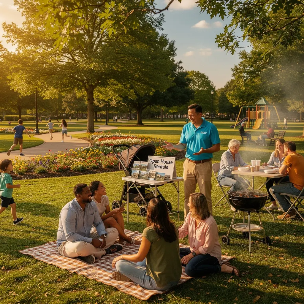 Rodzina zwiedzająca okoliczne parki i udogodnienia w sąsiedztwie przed wynajmem mieszkania.