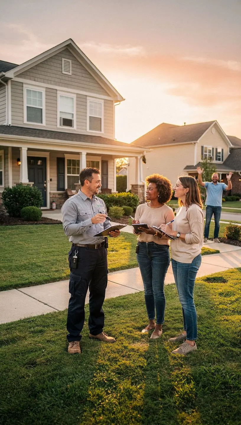 Widok na nowoczesne mieszkanie w miejskiej okolicy, z przestronnym salonem i dużymi oknami.