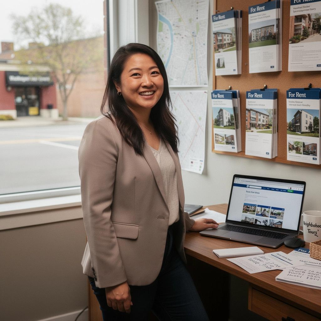 Przewodnik po procesie wynajmu z krokami na infografice.